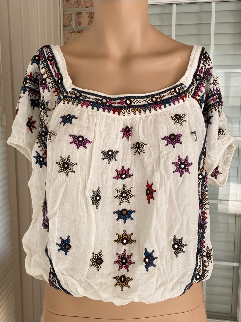Free People White Embroidered Boho Peasant Blouse with Multicolor Accents NWT